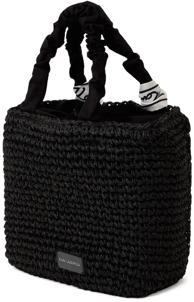 Karl Lagerfeld Woven Handbag with Ruched Handle and Signature Detail Zwart