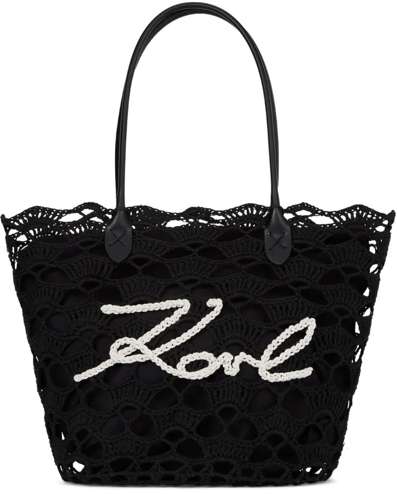 Karl Lagerfeld Intricate Openwork Crochet Tote Bag with Logo Detail Zwart