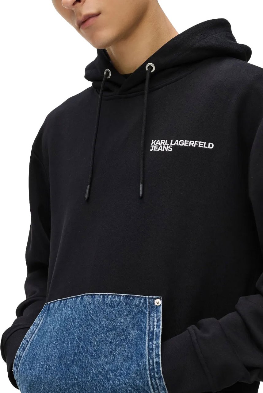Karl Lagerfeld Hooded Sweatshirt with Denim Patch Pocket Zwart