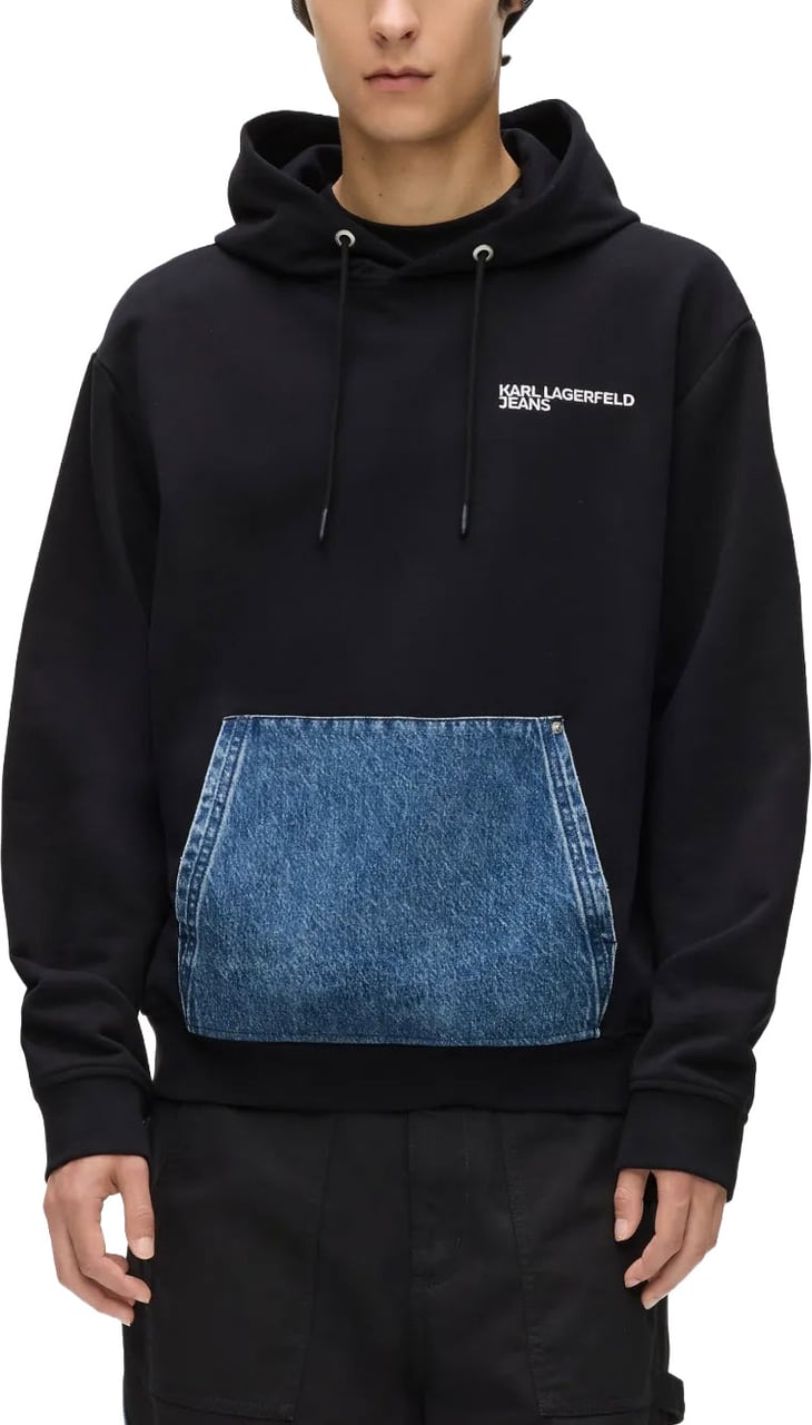 Karl Lagerfeld Hooded Sweatshirt with Denim Patch Pocket Zwart