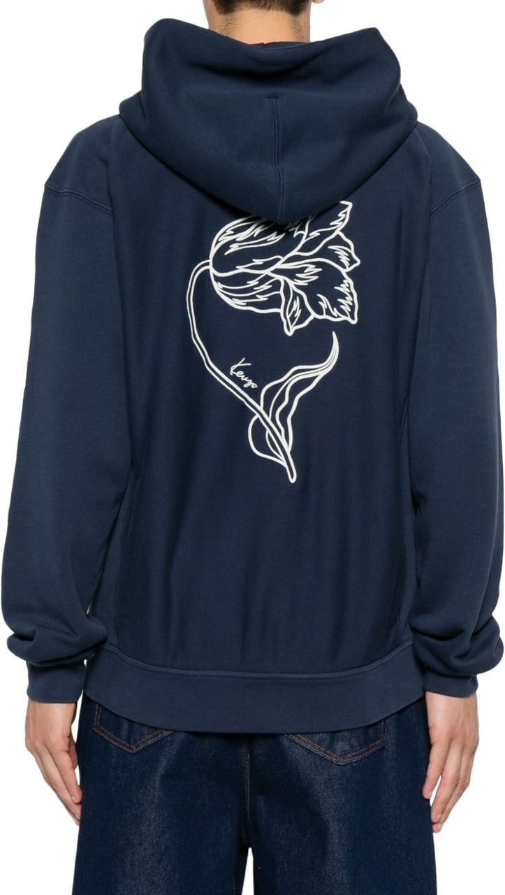 Kenzo Blue Floral Print Hooded Pouch Sweatshirt Blauw