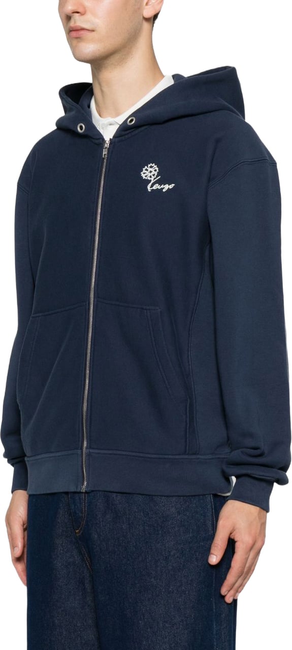 Kenzo Blue Floral Print Hooded Pouch Sweatshirt Blauw
