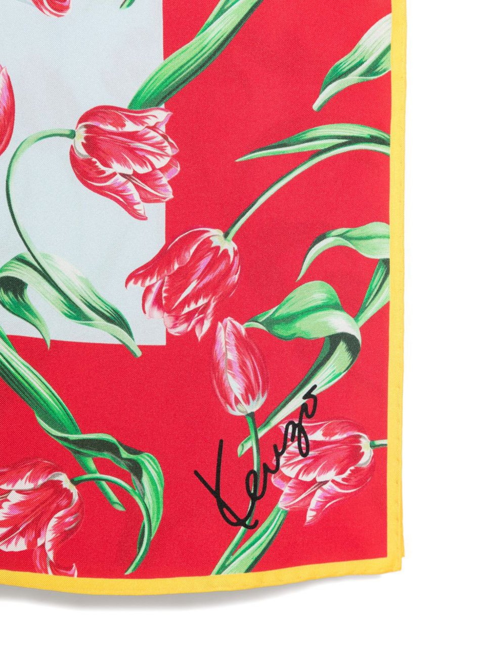 Kenzo Light Blue Tulip Print Silk Scarf Rood