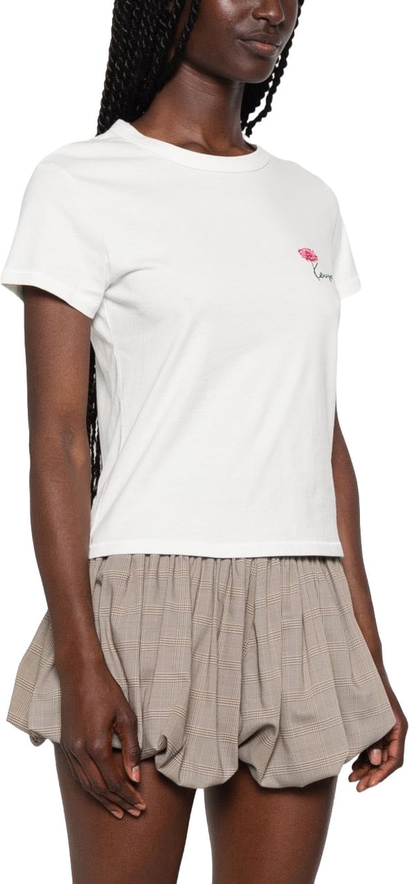 Kenzo White Flower Embroidery Logo Crew Neck Top Wit