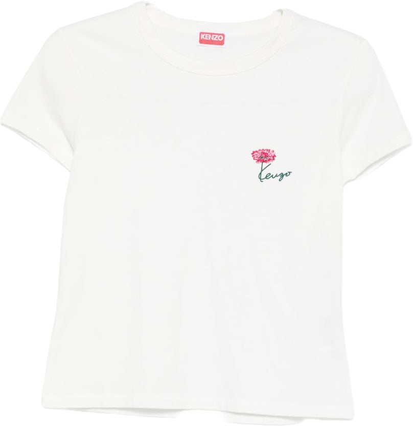 Kenzo White Flower Embroidery Logo Crew Neck Top Wit