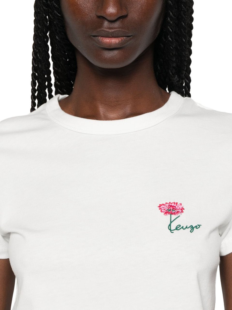 Kenzo White Flower Embroidery Logo Crew Neck Top Wit