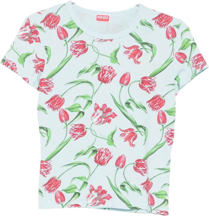 Kenzo Light Blue Floral Print Crew Neck Top Blauw