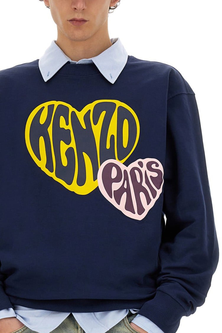 Kenzo Blue Sweatshirt With Graphic Heart Logo Blauw