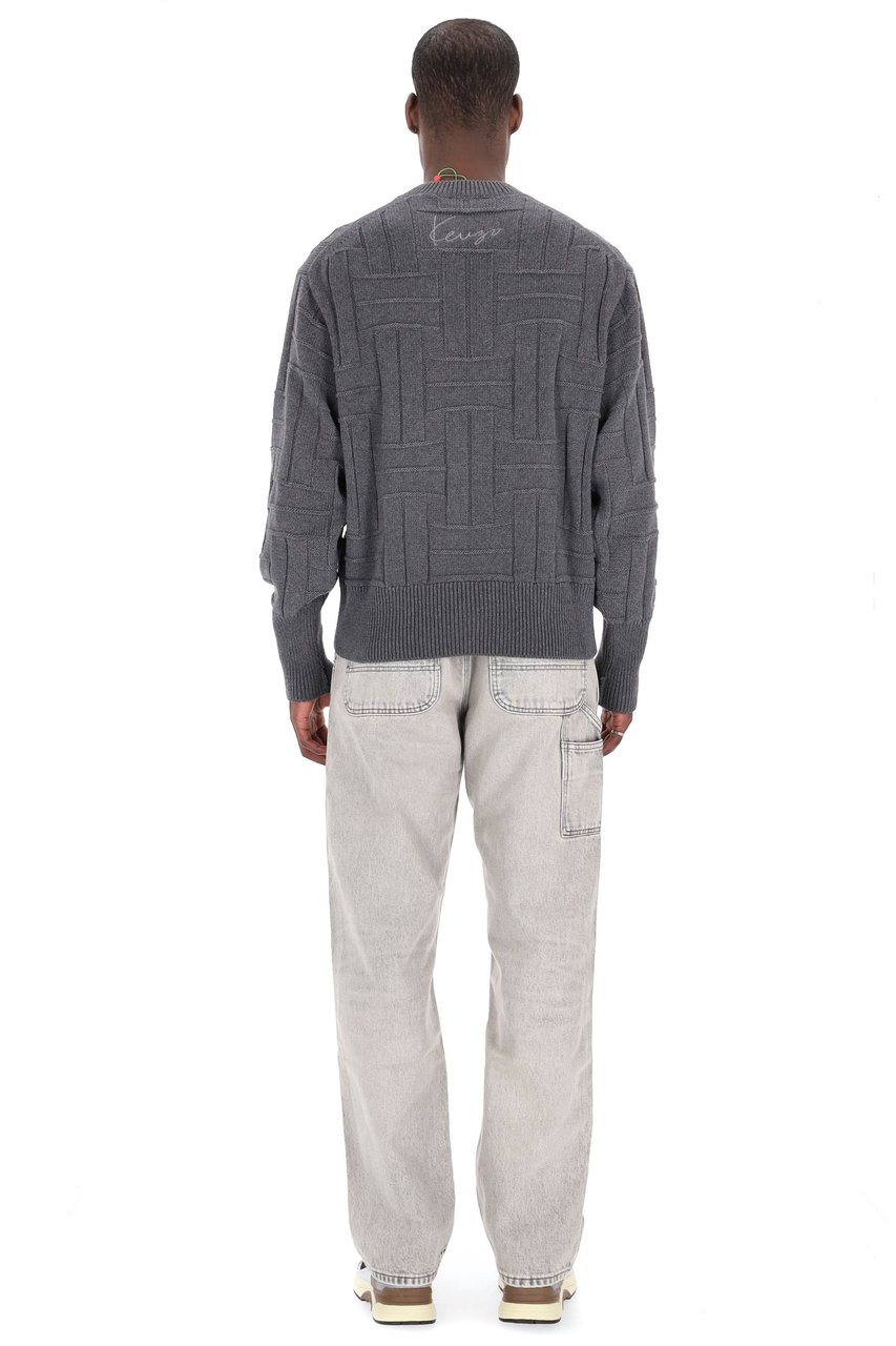 Kenzo Cropped Fit Weave Wool Crewneck Sweater Grijs