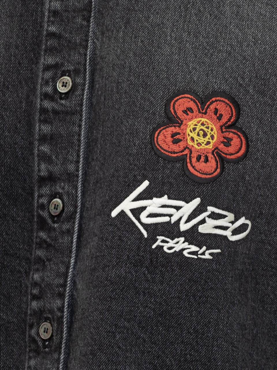 Kenzo Kenzo Camicia Nera in Denim con Ricamo Floreale Zwart