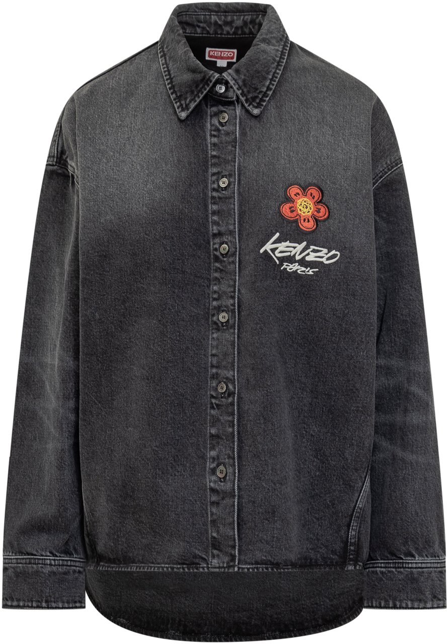 Kenzo Kenzo Camicia Nera in Denim con Ricamo Floreale Zwart