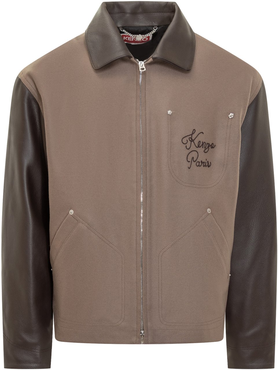 Kenzo Giacca Bomber Bicolore in Pelle e Tessuto Uomo Taupe