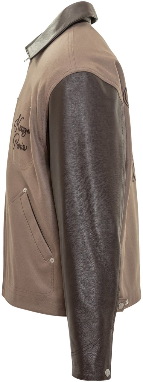 Kenzo Giacca Bomber Bicolore in Pelle e Tessuto Uomo Taupe