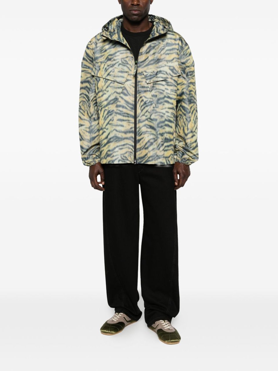 Kenzo Tiger Stripe Hooded Jacket With Flap Pockets Grijs