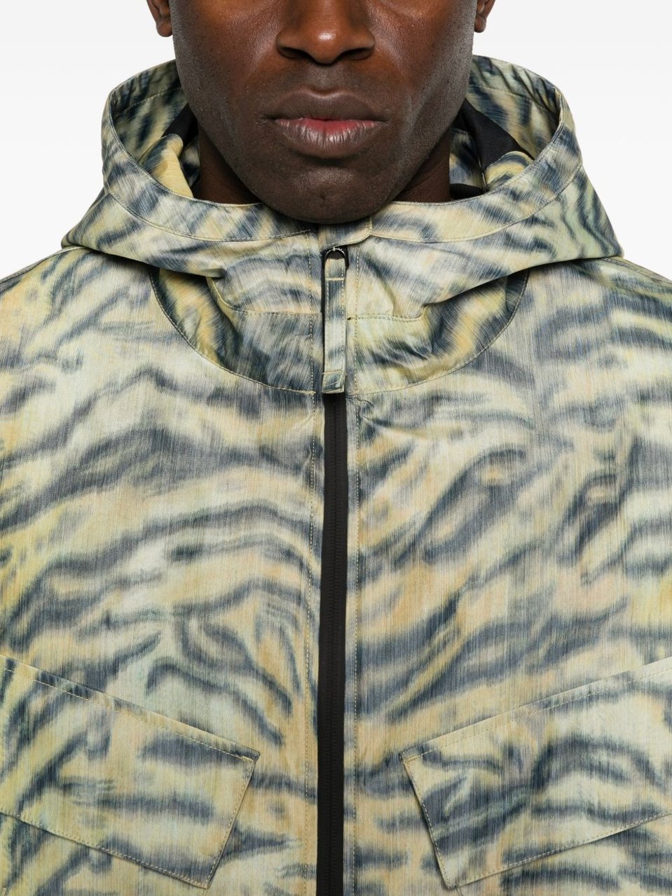 Kenzo Tiger Stripe Hooded Jacket With Flap Pockets Grijs