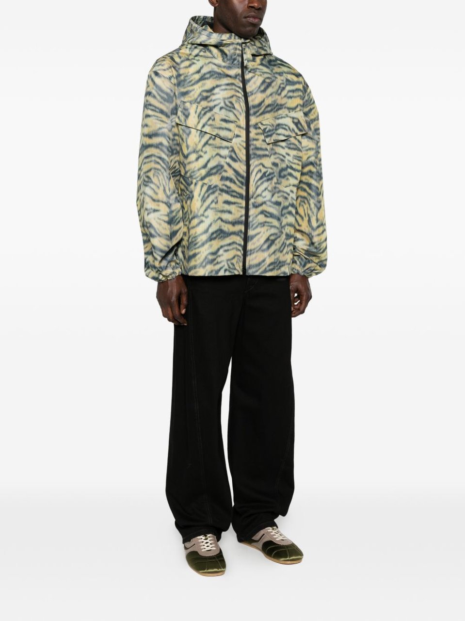 Kenzo Tiger Stripe Hooded Jacket With Flap Pockets Grijs