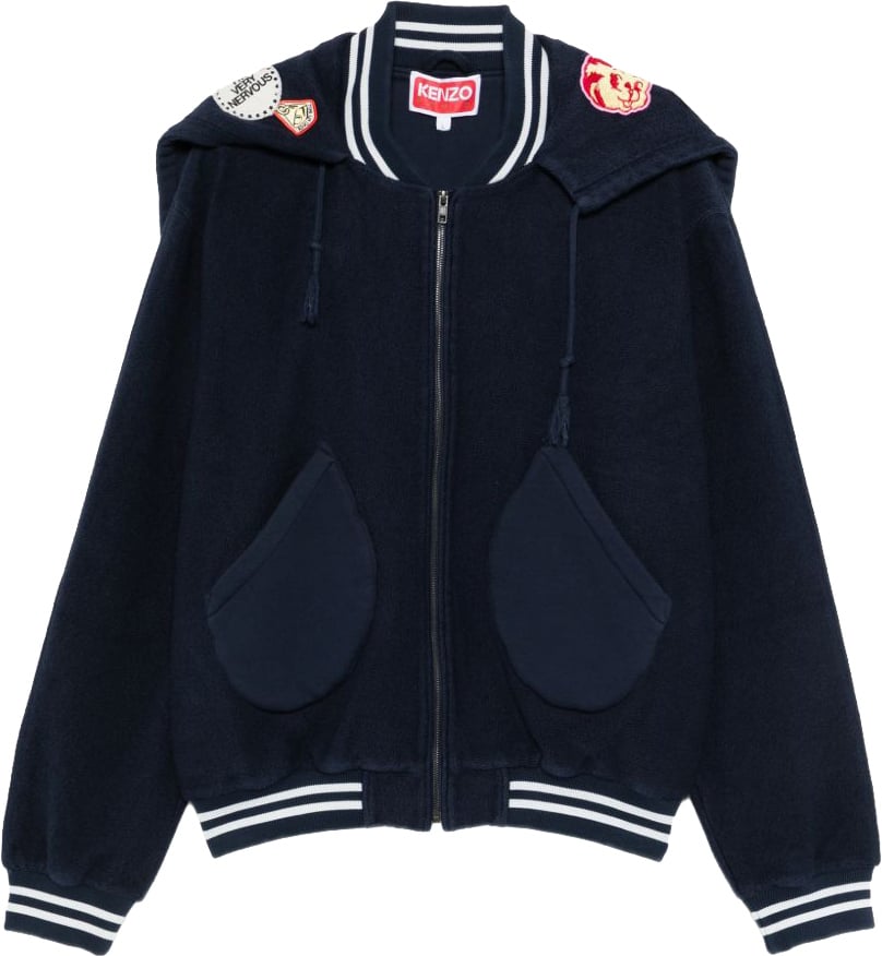 Kenzo Deep Blue Silk and Nylon Zip-Up Jacket Blauw