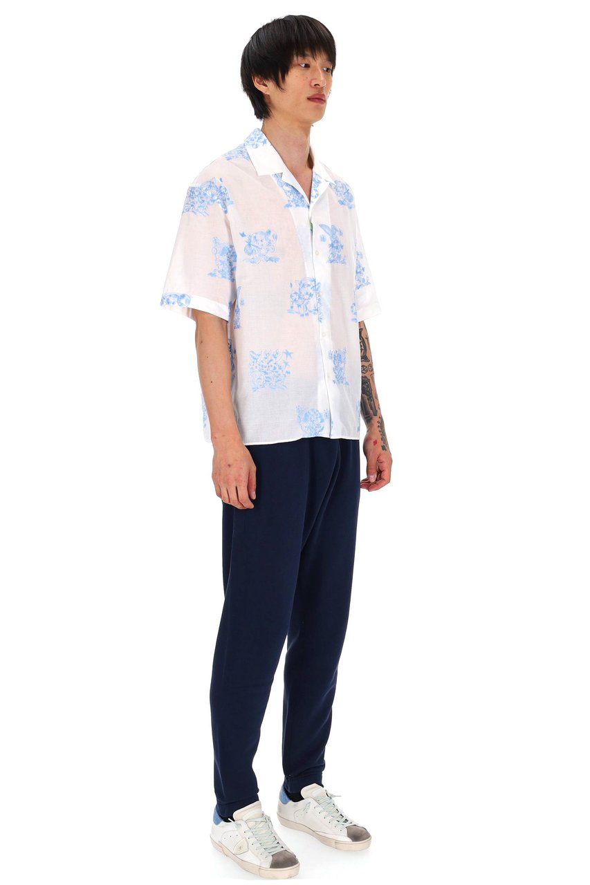 Kenzo Short-Sleeve Camp Collar Shirt In White Silk-Nylon Blend Wit