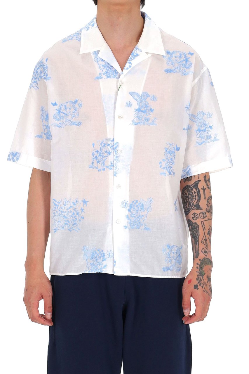 Kenzo Short-Sleeve Camp Collar Shirt In White Silk-Nylon Blend Wit