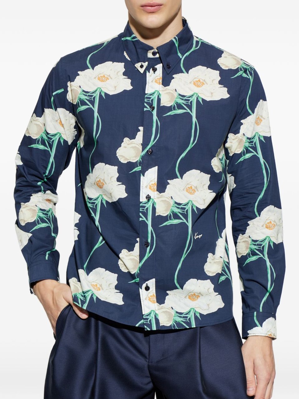 Kenzo Floral Print Button-Down Shirt With Silk Blauw