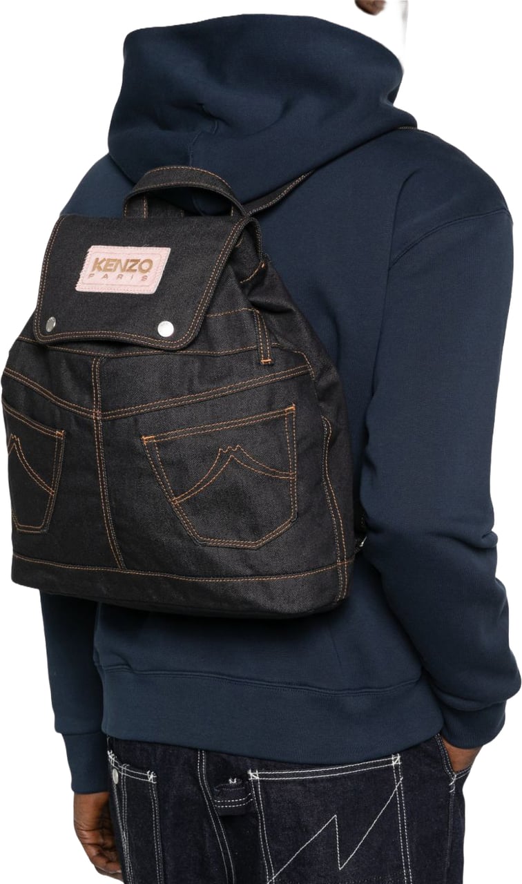 Kenzo Structured Black Backpack With Orange Stitching Zwart