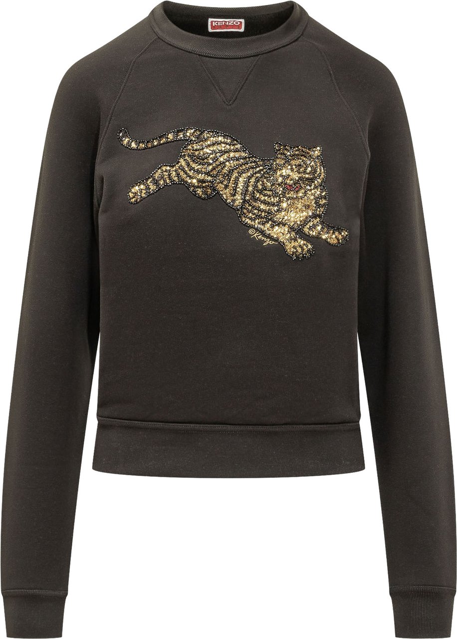 Kenzo Felpa Girocollo con Tigre Decorata Donkergrijs