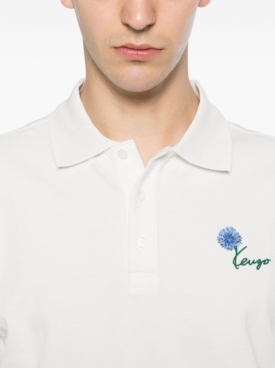 Kenzo Off-White Cotton Piqué Floral Polo Wit