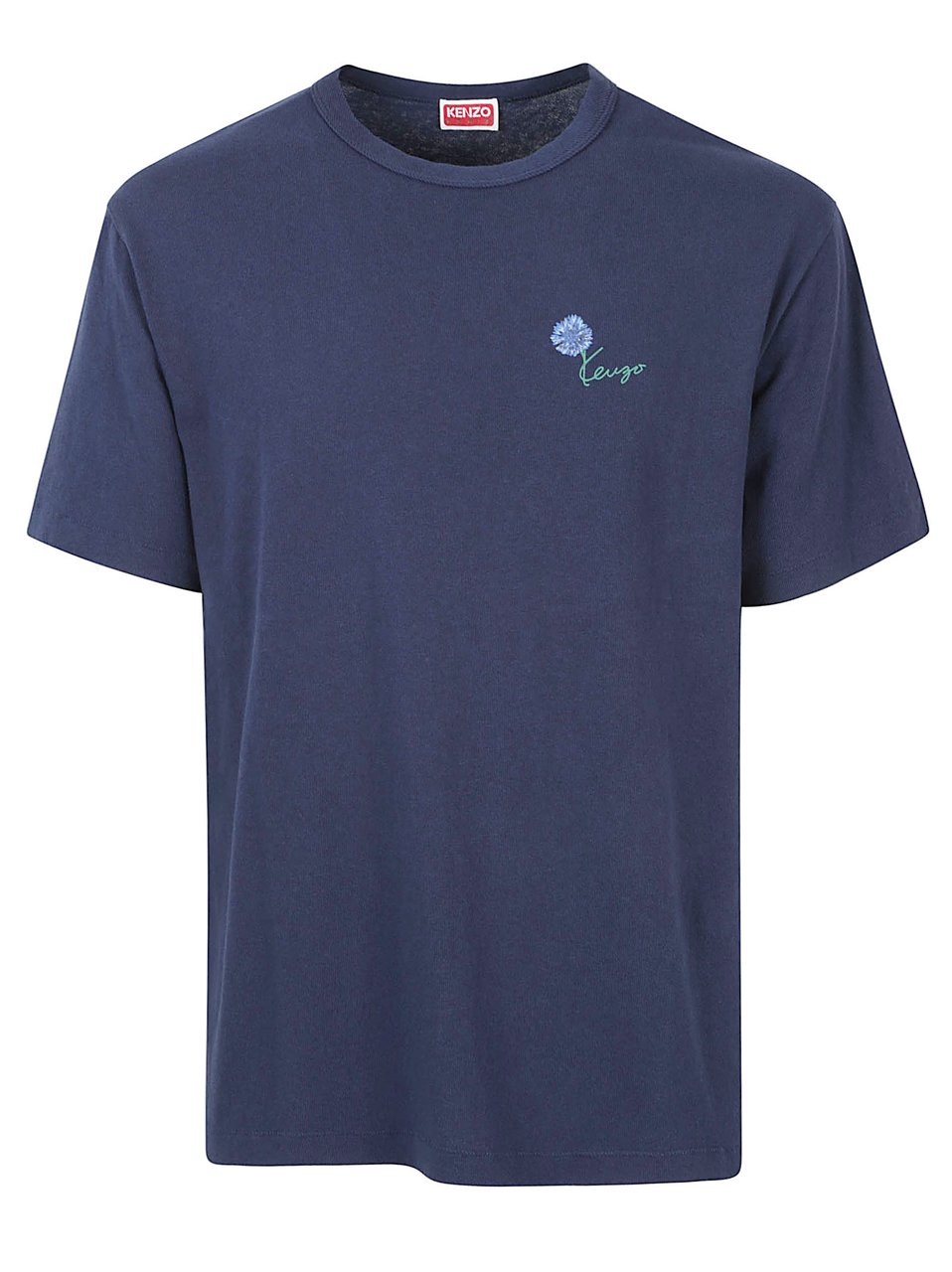 Kenzo Navy Blue Short-Sleeve T-Shirt with Embroidered Floral Detail Blauw