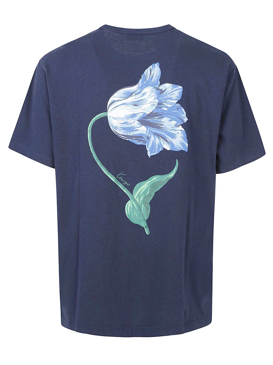 Kenzo Navy Blue Short-Sleeve T-Shirt with Embroidered Floral Detail Blauw
