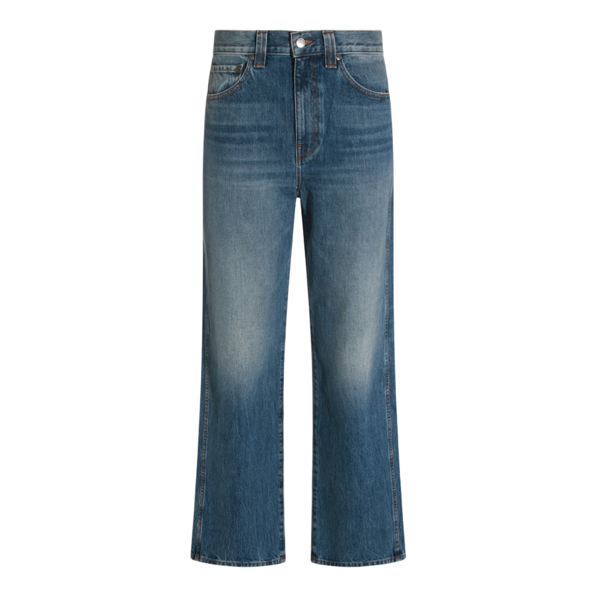 Khaite Mid-Blue Straight-Leg Jeans with Subtle Fading and Distressed Hems Blauw