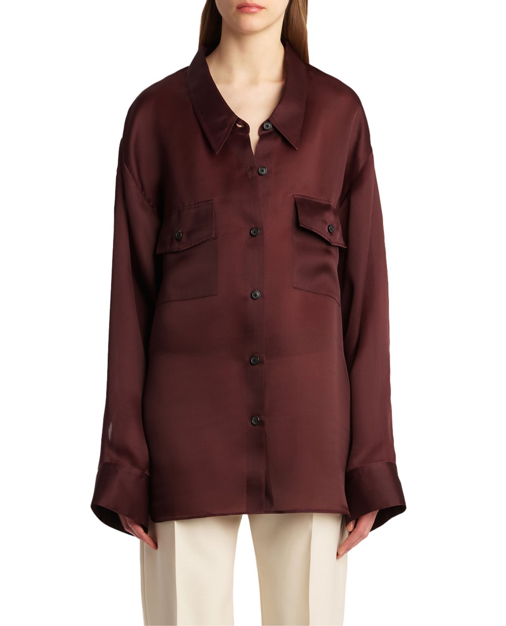 Khaite Satin-Finish Red Long Sleeve Shirt With Flap Pockets Maroon