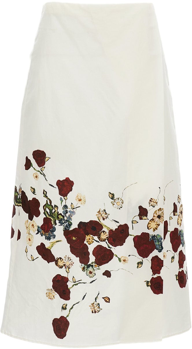 Khaite Floral Print Midi Skirt with Structured High Waist Wit