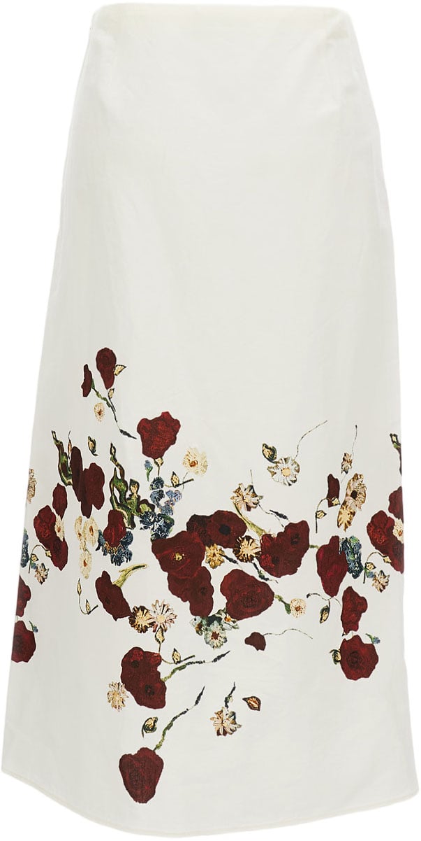 Khaite Floral Print Midi Skirt with Structured High Waist Wit