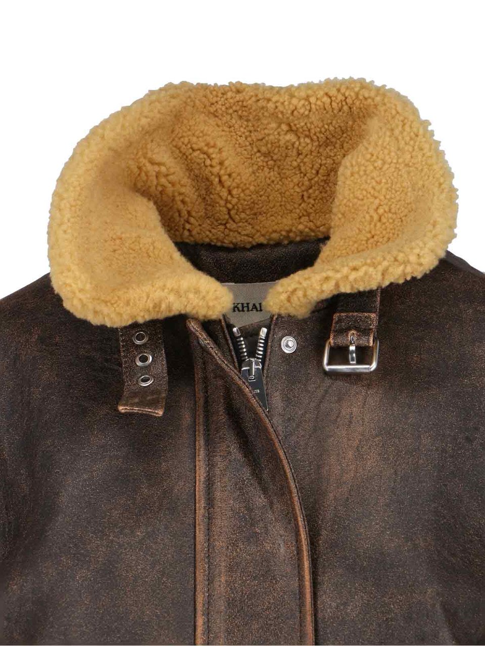 Khaite Distressed Brown Leather Jacket with Shearling Collar Bruin