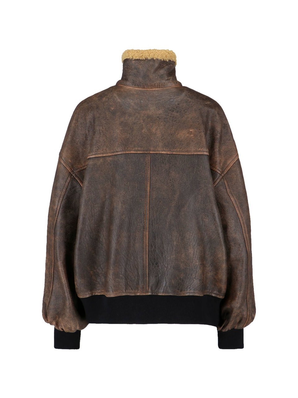 Khaite Distressed Brown Leather Jacket with Shearling Collar Bruin