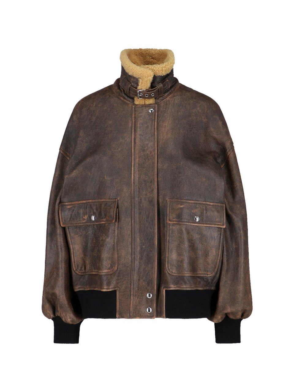 Khaite Distressed Brown Leather Jacket with Shearling Collar Bruin