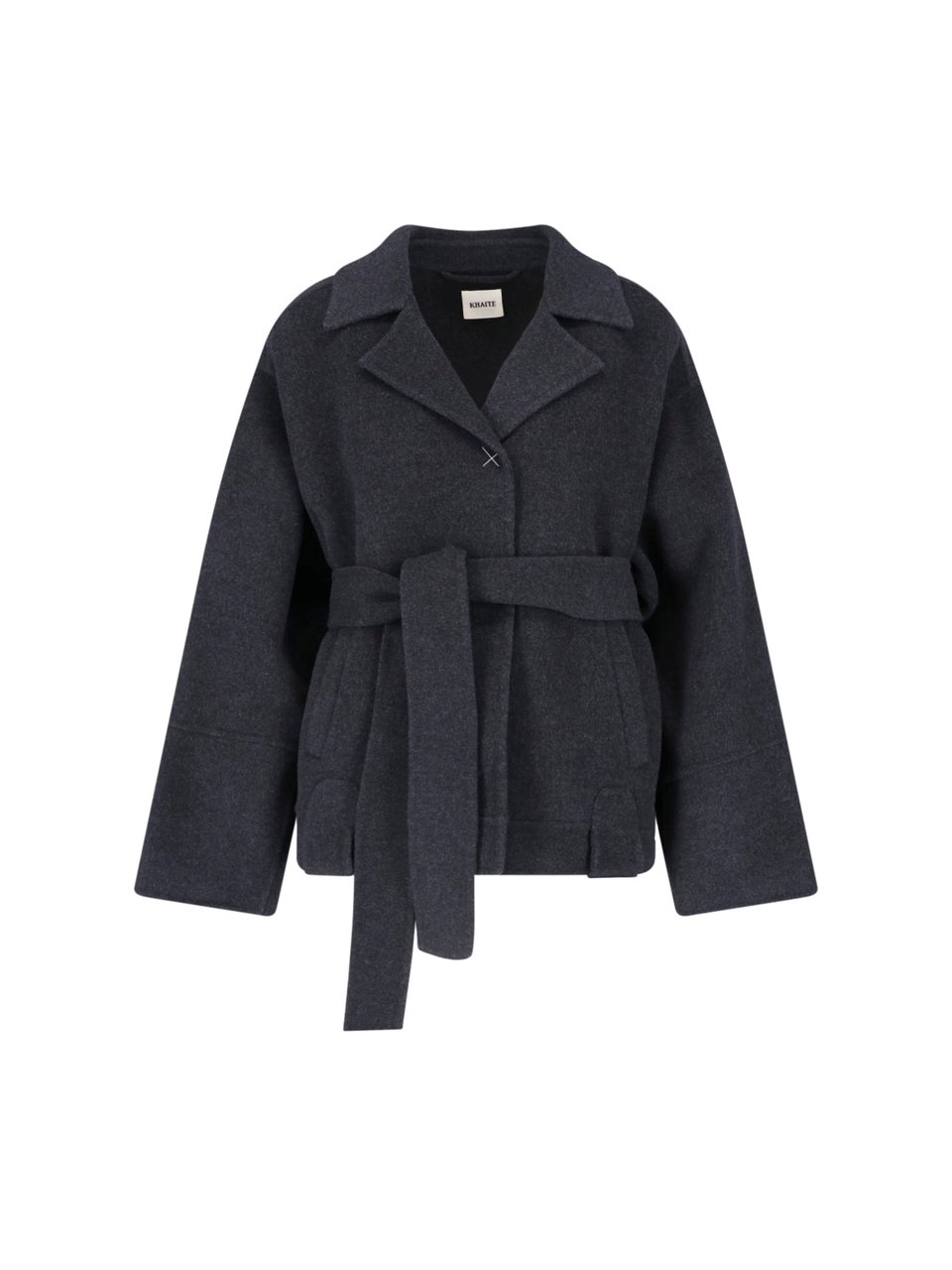 Khaite Textured Grey Wool Jacket with Classic Lapel and Belted Waist Grijs