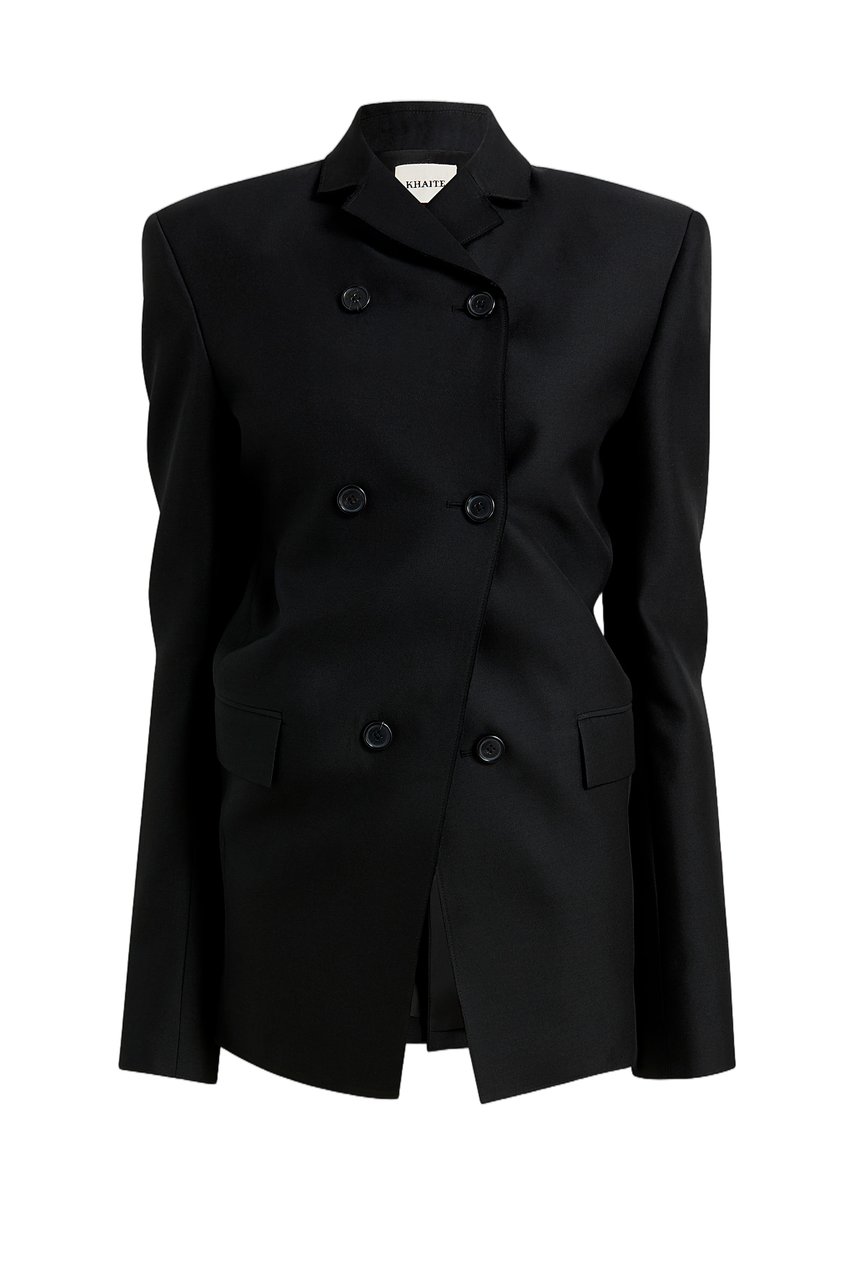 Khaite Black Double-Breasted Wool-Silk Blazer Zwart