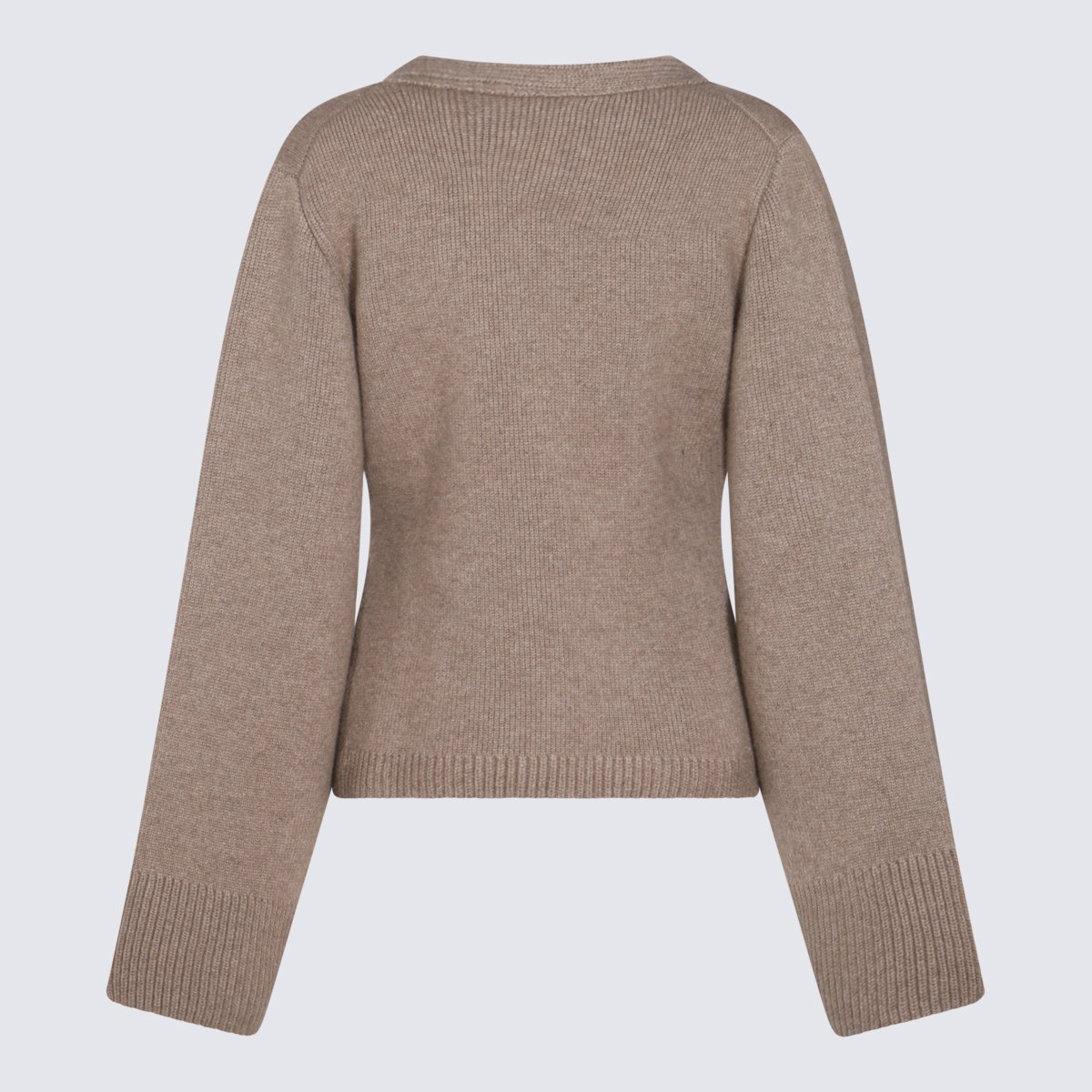 Khaite Ribbed Knit Sweater with Deep V-Neckline and Button Detail Bruin