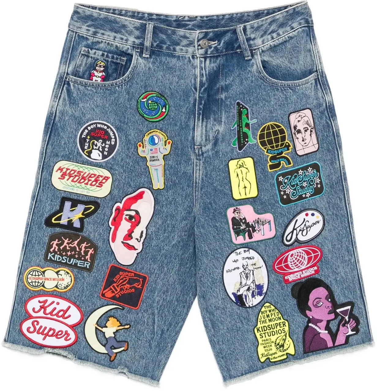 KidSuper Patches Denim Long Short Dark Blue Blauw