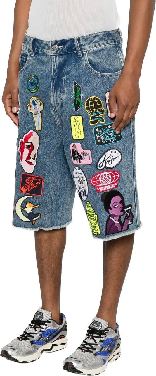 KidSuper Patches Denim Long Short Dark Blue Blauw