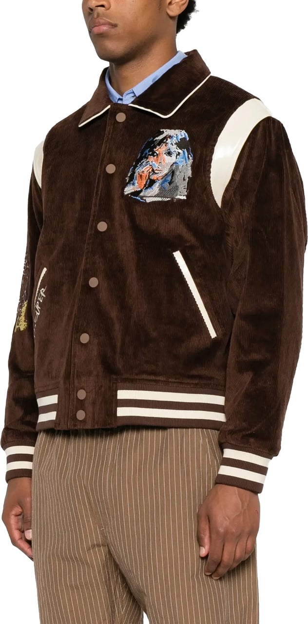 KidSuper Washed Corduroy Embroidered Faces Jacket Brown Bruin