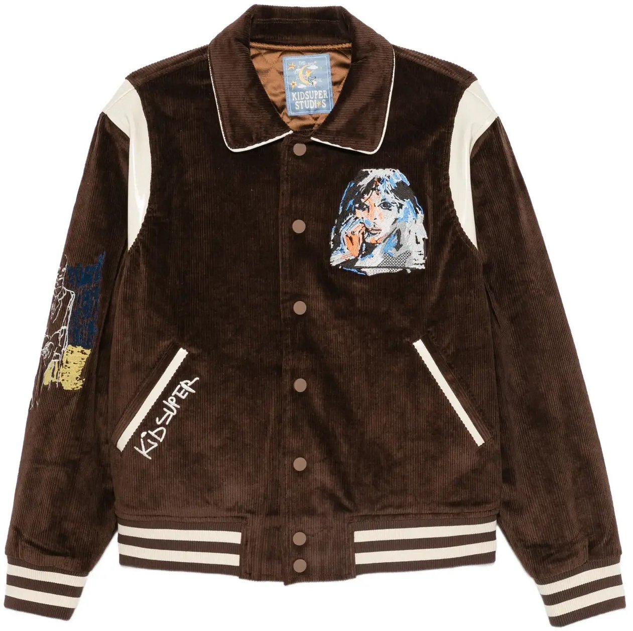 KidSuper Washed Corduroy Embroidered Faces Jacket Brown Bruin