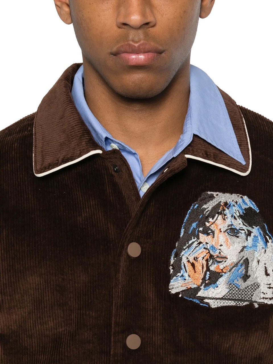 KidSuper Washed Corduroy Embroidered Faces Jacket Brown Bruin