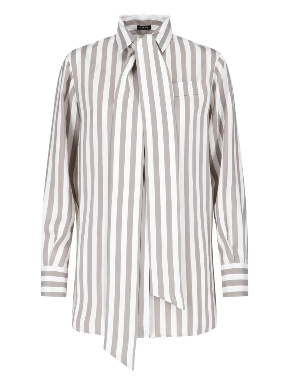 Kiton Beige Silk Striped Classic Collar Shirt Neutraal