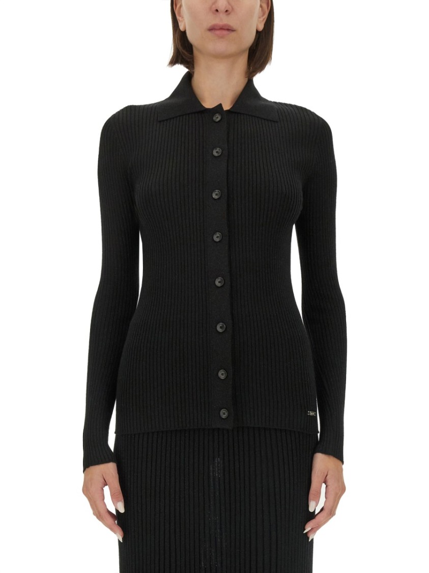 Kiton Black Ribbed Sweater With Classic Collar Zwart