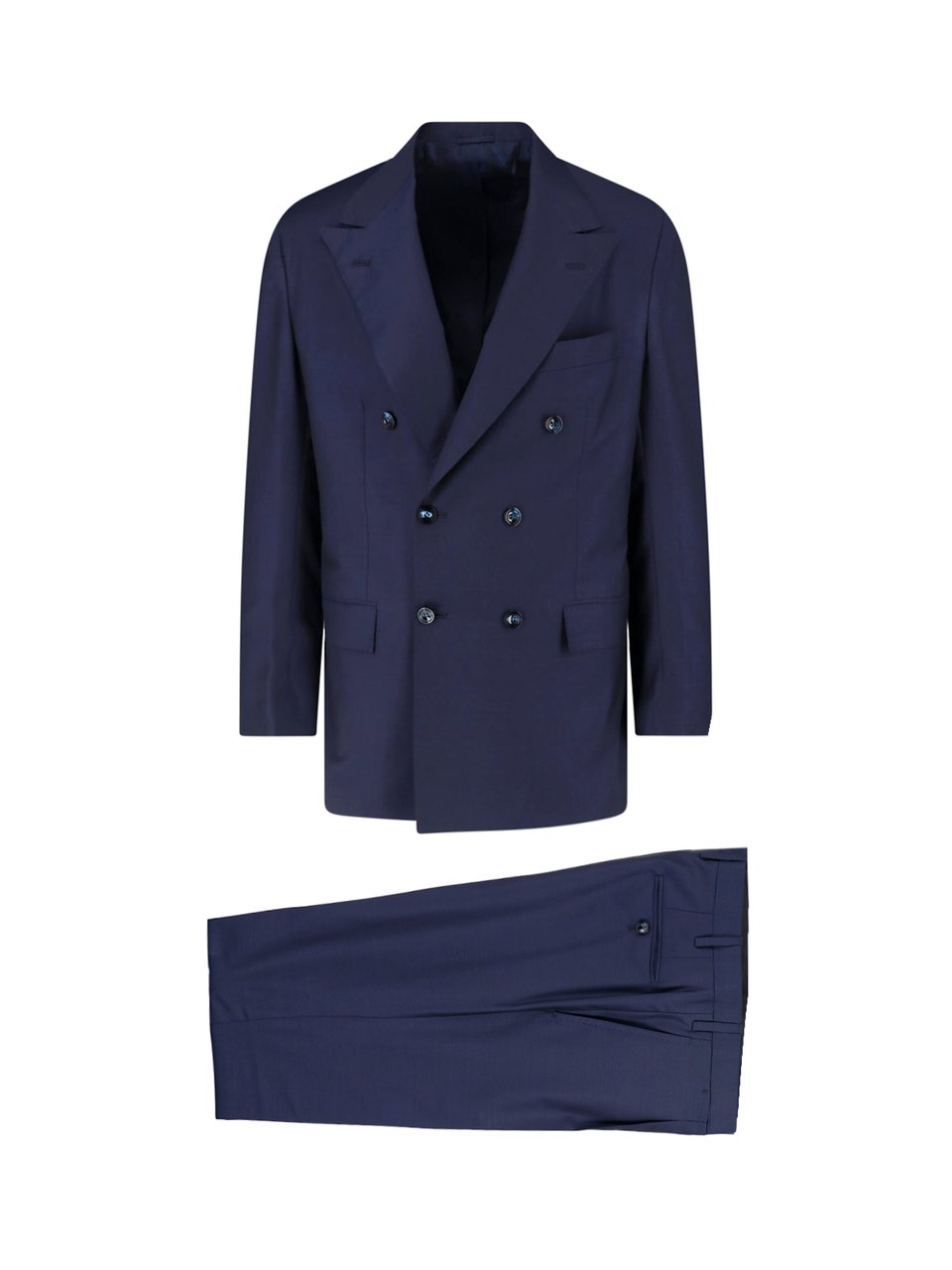 Kiton Navy Double-Breasted Peaked Lapel Wool Suit Blauw