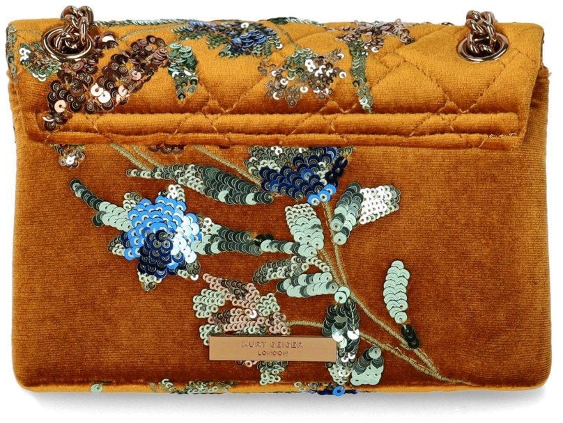 Kurt Geiger London KURT GEIGER VELVET MINI KENSINGTON MUSTARD CROSSBODY BAG Beige