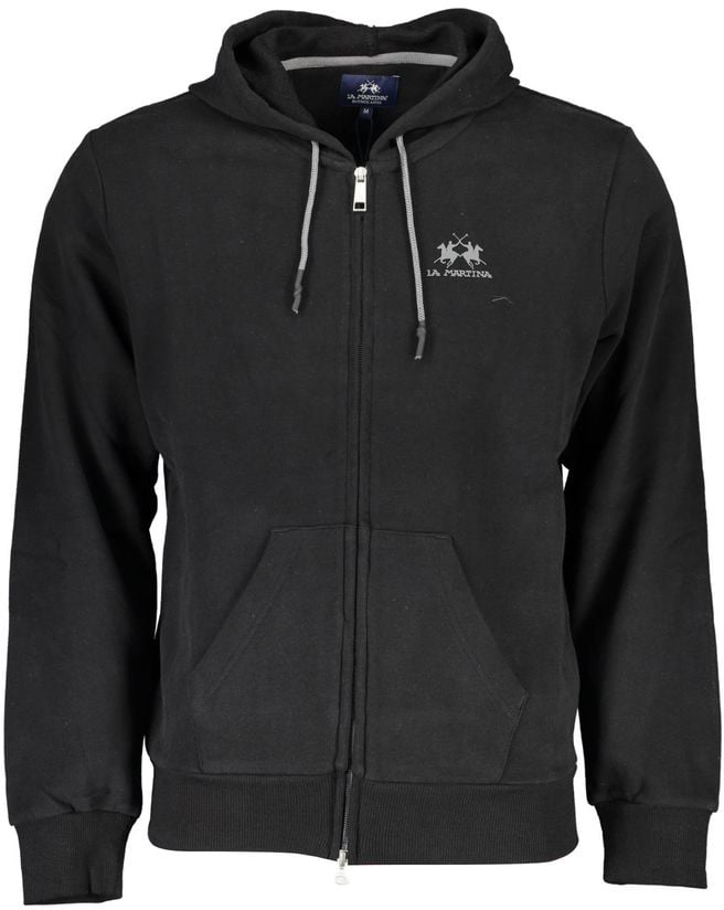 La Martina Black Cotton Men Sweater with Hood Zwart