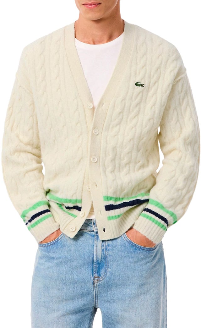 Lacoste cardigan maille torsadee laine Beige